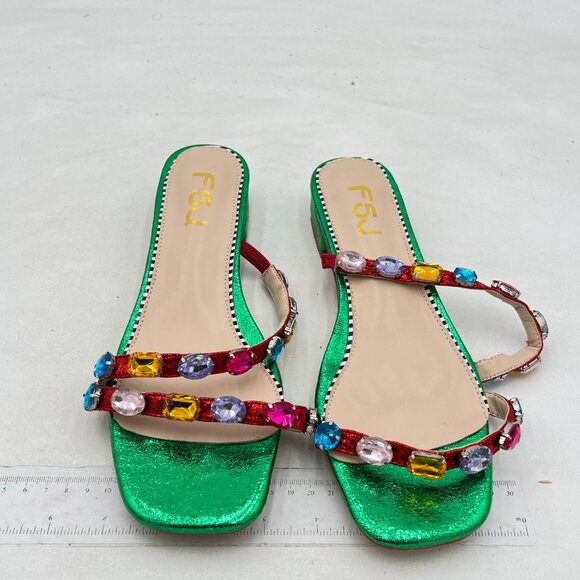 FSJ Green Jeweled Sandals Crystal with Rhinestone Slide Open Toe Casual Shoes - Picture 3 of 8